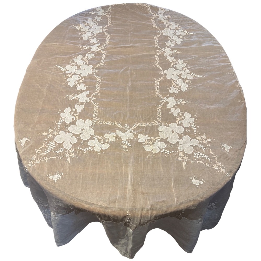 VTG Hand Embroidered Rectangle Tablecloth White Pink Grape Vine Eyelet 100x62